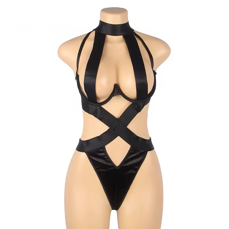 Elegant open crotch dance bodysuit lingerie with sheer mesh detailing