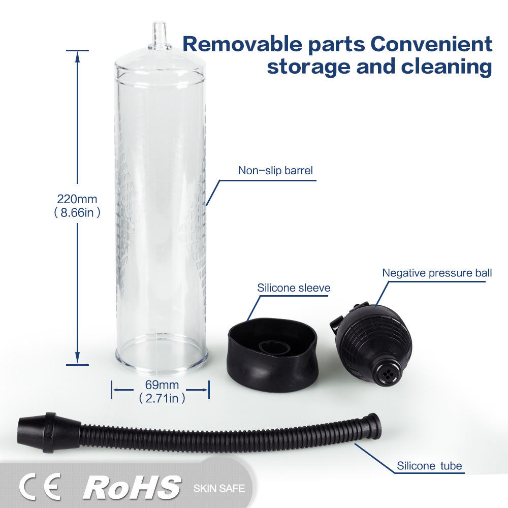 Penis pump with detachable parts on a white background, labeled for dimensions and features.