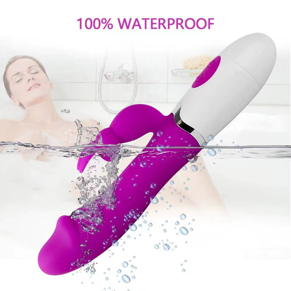 Purple and white waterproof rabbit dildo device with a woman in a bathtub in the background.