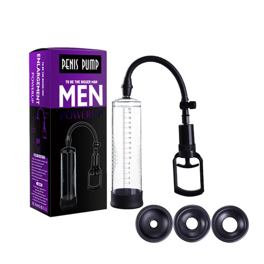 Penis pump with packaging and accessories on a white background