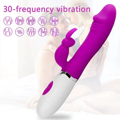 Purple and white rabbit dildo sex toy with 30-frequency vibration text and icons on a blurred background.